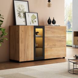 Versatile Storage Cabinet with 3 Drawers, Smart LED Lighting, Sideboard with Adjustable Glass Shelves, 140L x 40W x 80H cm, Black+Brown - Aosom UK