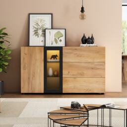 Versatile Storage Cabinet with 3 Drawers, Smart LED Lighting, Sideboard with Adjustable Glass Shelves, 140L x 40W x 80H cm, Black+Brown - Aosom UK - thumbnail 6