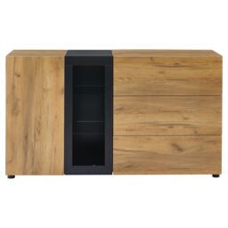 Versatile Storage Cabinet with 3 Drawers, Smart LED Lighting, Sideboard with Adjustable Glass Shelves, 140L x 40W x 80H cm, Black+Brown - Aosom UK - thumbnail 2
