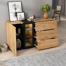 Versatile Storage Cabinet with 3 Drawers, Smart LED Lighting, Sideboard with Adjustable Glass Shelves, 140L x 40W x 80H cm, Black+Brown - Aosom UK - thumbnail 7