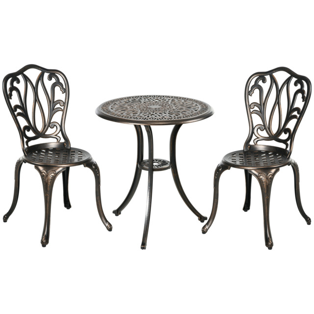 Outsunny 3 Piece Garden Bistro Set Aluminium Outdoor Furniture Set for 2 Patio Chairs and Table with Umbrella Hole Bronze Tone - image 1