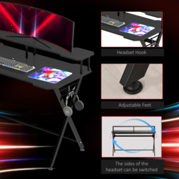 HOMCOM Gaming Computer Desk, Racing Table Workstation, Headphone Hook, Curved Front, Adjustable Feet, for Home Office Use, Black. - Aosom UK - thumbnail 7