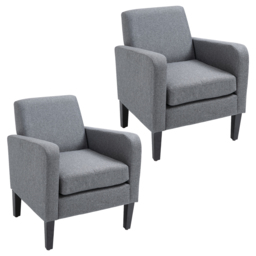 HOMCOM 2 Pieces Modern Armchairs with Rubber Wood Legs, Upholstered Accent Chairs, Single Sofa for Living Room, Bedroom, Grey - thumbnail 1
