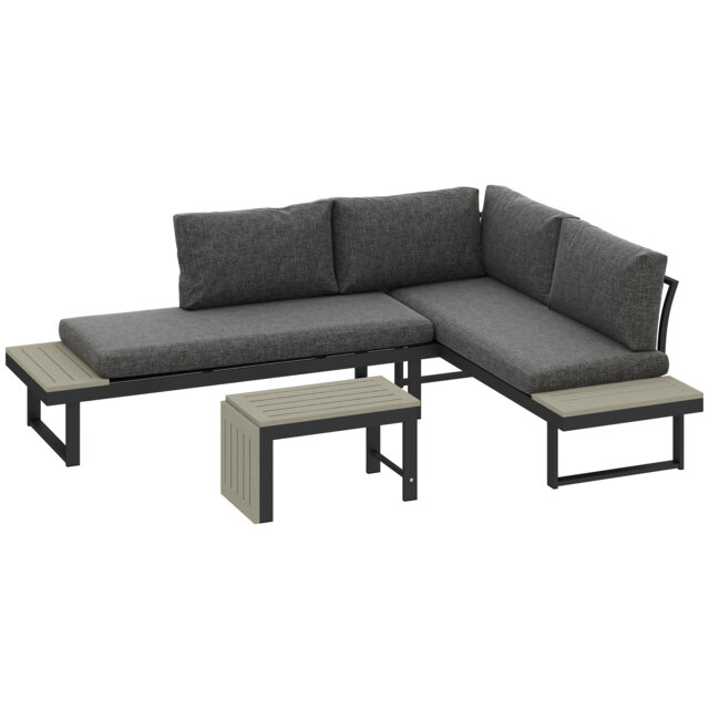 Outsunny 4 Seater L Shaped Aluminium Sectional Garden Furniture Set with 2 Loveseats and Wood-Plastic Coffee Table - Dark Grey - image 1