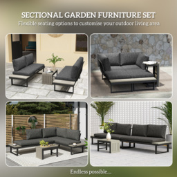 Outsunny 4 Seater L Shaped Aluminium Sectional Garden Furniture Set with 2 Loveseats and Wood-Plastic Coffee Table - Dark Grey - thumbnail 4