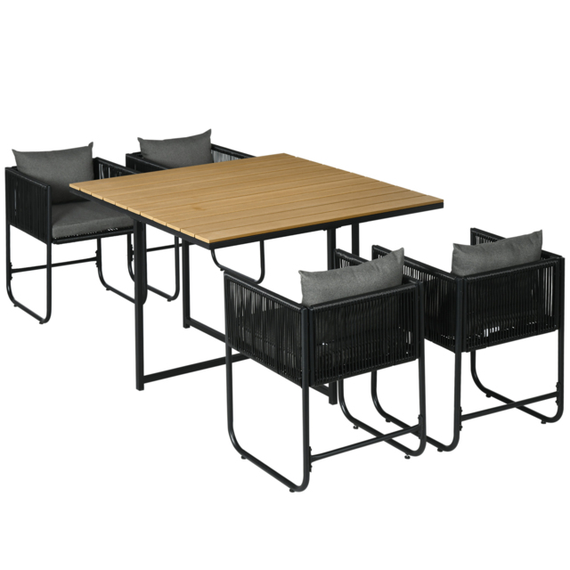 Outsunny Patio 5 PCs PE Rattan Dining Set, Garden Round Wicker 4-seater Rattan Cube Dining Sets, w/ Wood Grain Plastic Top, Space-saving Design Black - image 1