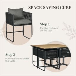 Outsunny Patio 5 PCs PE Rattan Dining Set, Garden Round Wicker 4-seater Rattan Cube Dining Sets, w/ Wood Grain Plastic Top, Space-saving Design Black - thumbnail 7