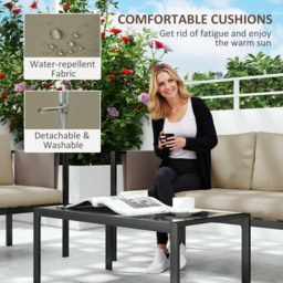 Outsunny 4 Piece Metal Garden Furniture Set with Tempered Glass Coffee Table, Texteline Pocket, Outdoor Set Loveseat Single Armchairs with Padded Cushions, Khaki - thumbnail 6