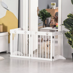 PawHut Pet Gate 4 Panel Folding Wooden Dog Barrier Freestanding Dog Gate For Stairs w/ Support Feet - Aosom UK - thumbnail 2