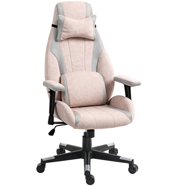 HOMCOM Fabric Gaming Chair with Lumbar Support, Headrest - Pale Pink - image 1