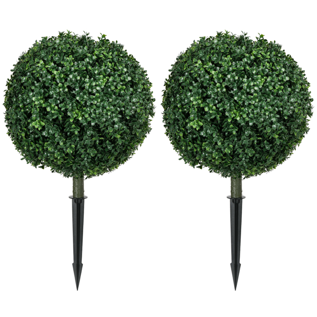 HOMCOM Artificial Boxwood Trees w/ Ground Stake, Set of 2 Ball Shaped Topiary Trees for Home Office & Living Room, UV Resistant - image 1