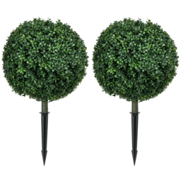 HOMCOM Artificial Boxwood Trees w/ Ground Stake, Set of 2 Ball Shaped Topiary Trees for Home Office & Living Room, UV Resistant - thumbnail 1