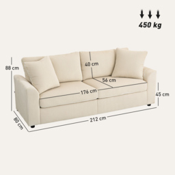 HOMCOM Modern 3 Seater Sofa with Spring Cushion, 212 cm Fabric Jumbo Cord Sofa Couch with 2 Scatter Cushions, Upholstered Corduroy Settee for Living Room, Bedroom, Home Office, Cream White - thumbnail 3