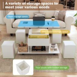 Child-Friendly Lift-Up Coffee Table with Hydraulic Mechanism, Hidden Storage, Adjustable Height, Modern Sofa Table for Living Room, White - Aosom UK - thumbnail 6