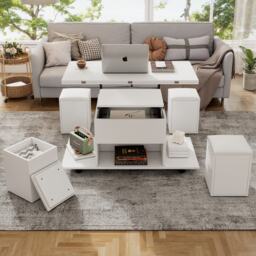 Child-Friendly Lift-Up Coffee Table with Hydraulic Mechanism, Hidden Storage, Adjustable Height, Modern Sofa Table for Living Room, White - Aosom UK - thumbnail 9