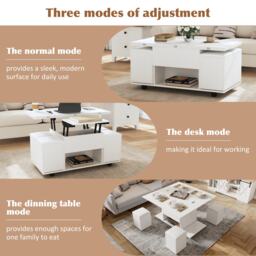 Child-Friendly Lift-Up Coffee Table with Hydraulic Mechanism, Hidden Storage, Adjustable Height, Modern Sofa Table for Living Room, White - Aosom UK - thumbnail 5