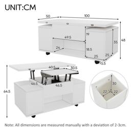 Child-Friendly Lift-Up Coffee Table with Hydraulic Mechanism, Hidden Storage, Adjustable Height, Modern Sofa Table for Living Room, White - Aosom UK - thumbnail 3
