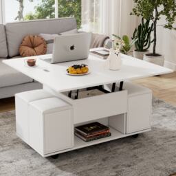 Child-Friendly Lift-Up Coffee Table with Hydraulic Mechanism, Hidden Storage, Adjustable Height, Modern Sofa Table for Living Room, White - Aosom UK