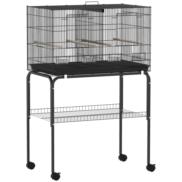 PawHut Bird Cage with Divider, 4 Wooden Perches, Slide Out Tray, 4 Feeders, for Budgie, Lovebird, Canary, 76 x 46 x 116cm Black - image 1