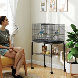 PawHut Bird Cage with Divider, 4 Wooden Perches, Slide Out Tray, 4 Feeders, for Budgie, Lovebird, Canary, 76 x 46 x 116cm Black - thumbnail 2