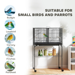 PawHut Bird Cage with Divider, 4 Wooden Perches, Slide Out Tray, 4 Feeders, for Budgie, Lovebird, Canary, 76 x 46 x 116cm Black - thumbnail 9
