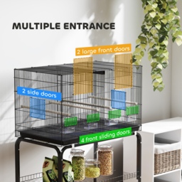 PawHut Bird Cage with Divider, 4 Wooden Perches, Slide Out Tray, 4 Feeders, for Budgie, Lovebird, Canary, 76 x 46 x 116cm Black - thumbnail 6