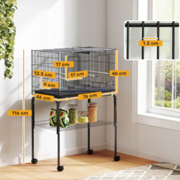 PawHut Bird Cage with Divider, 4 Wooden Perches, Slide Out Tray, 4 Feeders, for Budgie, Lovebird, Canary, 76 x 46 x 116cm Black - thumbnail 3