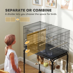 PawHut Bird Cage with Divider, 4 Wooden Perches, Slide Out Tray, 4 Feeders, for Budgie, Lovebird, Canary, 76 x 46 x 116cm Black - thumbnail 4