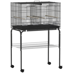 PawHut Bird Cage with Divider, 4 Wooden Perches, Slide Out Tray, 4 Feeders, for Budgie, Lovebird, Canary, 76 x 46 x 116cm Black - thumbnail 1