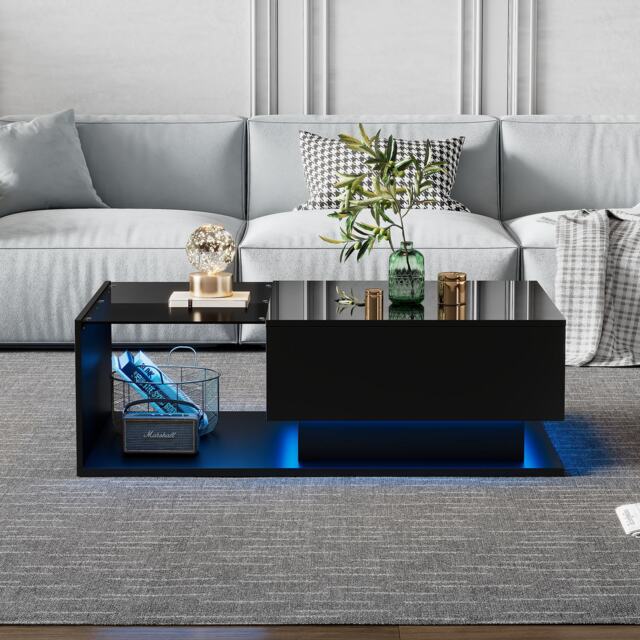 High Gloss Finish Coffee Table with Smart App-Controlled RGB Lights, Dark Coffee Table with Glass Top, Drawer, 100L x 50W x 32H cm, Black - Aosom.UK - image 1