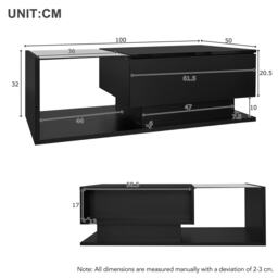 High Gloss Finish Coffee Table with Smart App-Controlled RGB Lights, Dark Coffee Table with Glass Top, Drawer, 100L x 50W x 32H cm, Black - Aosom.UK - thumbnail 3