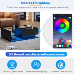 High Gloss Finish Coffee Table with Smart App-Controlled RGB Lights, Dark Coffee Table with Glass Top, Drawer, 100L x 50W x 32H cm, Black - Aosom.UK - thumbnail 6