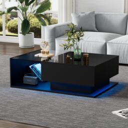 High Gloss Finish Coffee Table with Smart App-Controlled RGB Lights, Dark Coffee Table with Glass Top, Drawer, 100L x 50W x 32H cm, Black - Aosom.UK - thumbnail 7