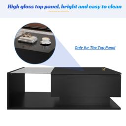 High Gloss Finish Coffee Table with Smart App-Controlled RGB Lights, Dark Coffee Table with Glass Top, Drawer, 100L x 50W x 32H cm, Black - Aosom.UK - thumbnail 4