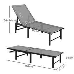 Outsunny Sun Lounger for Garden, 5-Level Adjustable Reclining Sun Lounger Chair, Flat Garden Lounger Sunbed with Texteline Seat, Steel Frame for Patio, Beach, Grey - thumbnail 3