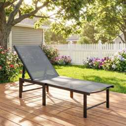 Outsunny Sun Lounger for Garden, 5-Level Adjustable Reclining Sun Lounger Chair, Flat Garden Lounger Sunbed with Texteline Seat, Steel Frame for Patio, Beach, Grey - thumbnail 2