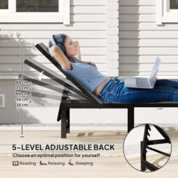 Outsunny Sun Lounger for Garden, 5-Level Adjustable Reclining Sun Lounger Chair, Flat Garden Lounger Sunbed with Texteline Seat, Steel Frame for Patio, Beach, Grey - thumbnail 4