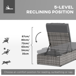 Outsunny Rattan Lounger: Plush Cushioned Recliner with Tea Tray, Wicker Patio Chaise for Relaxation, 120kg Capacity, Grey - thumbnail 4