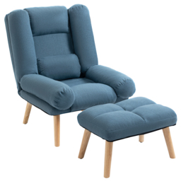 HOMCOM Occasional Recliner with Ottoman, 3-Position Adjustable Linen Fabric Reclining Lounger with Footstool, Cat Scratch Anti, Blue - Aosom UK