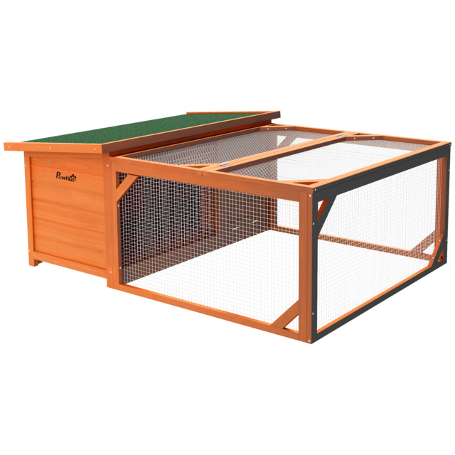 PawHut Rabbit Hutch Small Animal Guinea Pig House Off-ground Ferret Bunny Cage Backyard with Openable Main House & Run Roof 125.5 x 100 x 49cm Orange - image 1