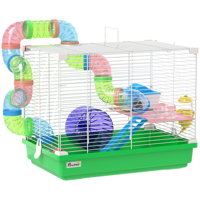 PawHut 2 Tier Hamster Cage, Gerbil Cage with Handle, Exercise Wheels, Tunnel, Water Bottle, Dishes, Ladder, for Dwarf - image 1