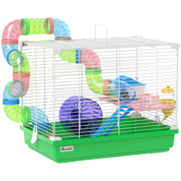 PawHut 2 Tier Hamster Cage, Gerbil Cage with Handle, Exercise Wheels, Tunnel, Water Bottle, Dishes, Ladder, for Dwarf
