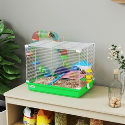 PawHut 2 Tier Hamster Cage, Gerbil Cage with Handle, Exercise Wheels, Tunnel, Water Bottle, Dishes, Ladder, for Dwarf - thumbnail 2