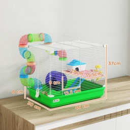 PawHut 2 Tier Hamster Cage, Gerbil Cage with Handle, Exercise Wheels, Tunnel, Water Bottle, Dishes, Ladder, for Dwarf - thumbnail 3
