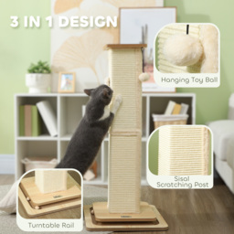 PawHut Scratching Post, 3 in 1 Cat Post with Sisal Post, Track Ball Toy, Self Grooming Brush, Hanging Toy Ball, Feather, Oak - Aosom UK - thumbnail 4