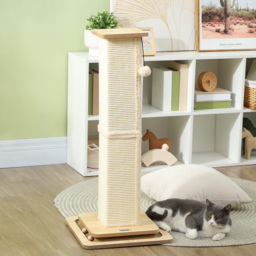 PawHut Scratching Post, 3 in 1 Cat Post with Sisal Post, Track Ball Toy, Self Grooming Brush, Hanging Toy Ball, Feather, Oak - Aosom UK - thumbnail 7