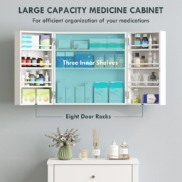 HOMCOM Wall Mount Medicine Cabinet with Key Lock, 3 Tier First Aid Cabinet with 2 Doors and 11 Storage Compartments, White - thumbnail 4