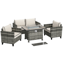 Outsunny 5-Piece Rattan Patio Furniture Set with Gas Fire Pit Table, Loveseat Sofa, Armchairs, Cushions, Pillows, Grey - thumbnail 1