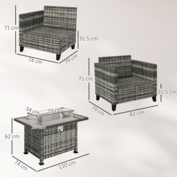 Outsunny 5-Piece Rattan Patio Furniture Set with Gas Fire Pit Table, Loveseat Sofa, Armchairs, Cushions, Pillows, Grey - thumbnail 3