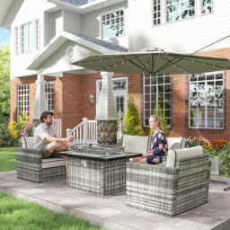 Outsunny 5-Piece Rattan Patio Furniture Set with Gas Fire Pit Table, Loveseat Sofa, Armchairs, Cushions, Pillows, Grey - thumbnail 9